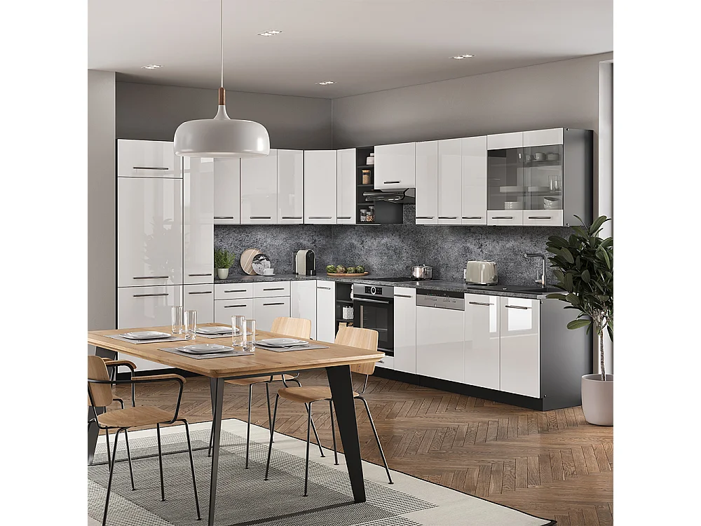 Cocina esquinera blanco brillo/antracita 347x60x81.6 fame-line