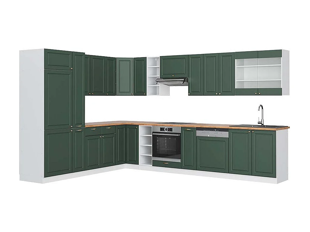 Cocina esquinera verde-dorado casa de campo/blanco 347x60x81.6 fame-line