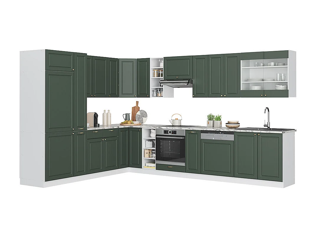 Cocina esquinera verde-dorado casa de campo/blanco 347x60x81.6 fame-line