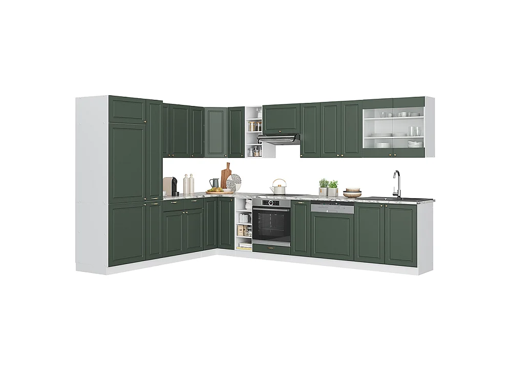 Cuisine en angle vert-or landhaus/blanc 347x60x81.6 fame-line