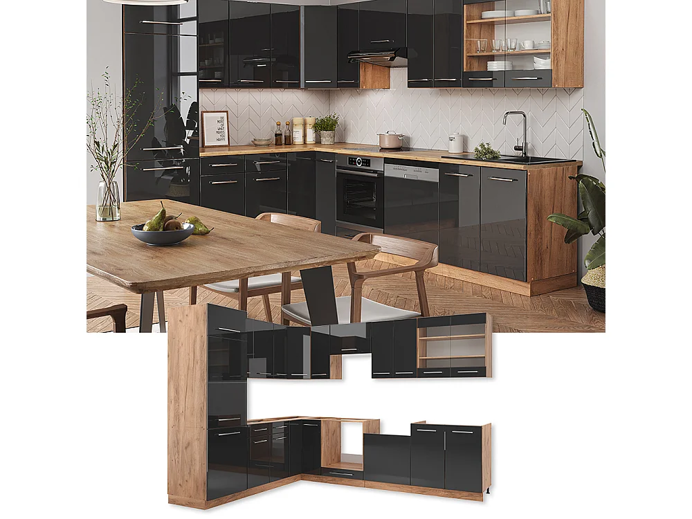 Cocina esquinera antracita brillo intenso/roble dorado eléctrico 227x60x81.6 fame-line