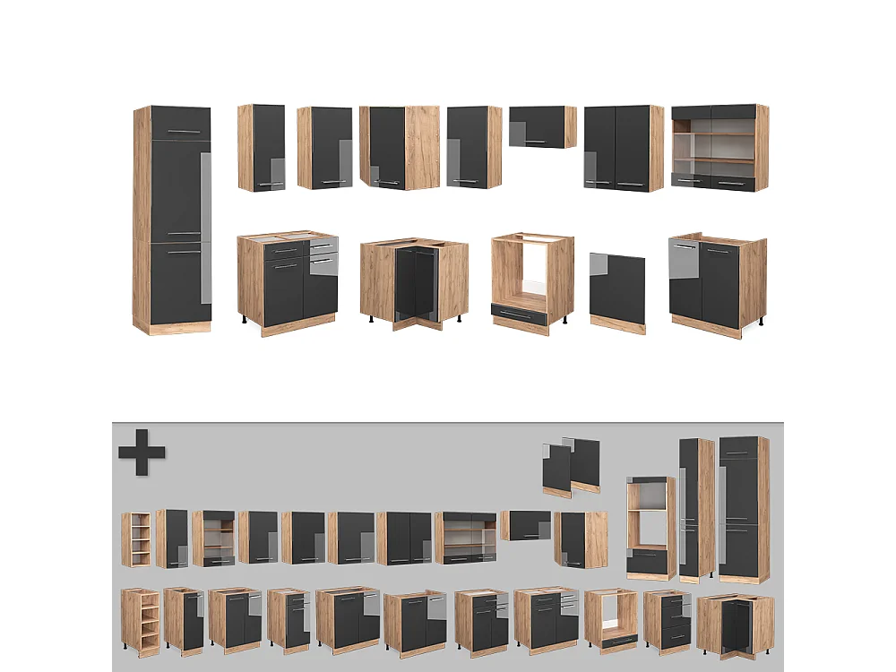 Cuisine en angle anthracite brillant/chêne doré 227x60x81.6 fame-line