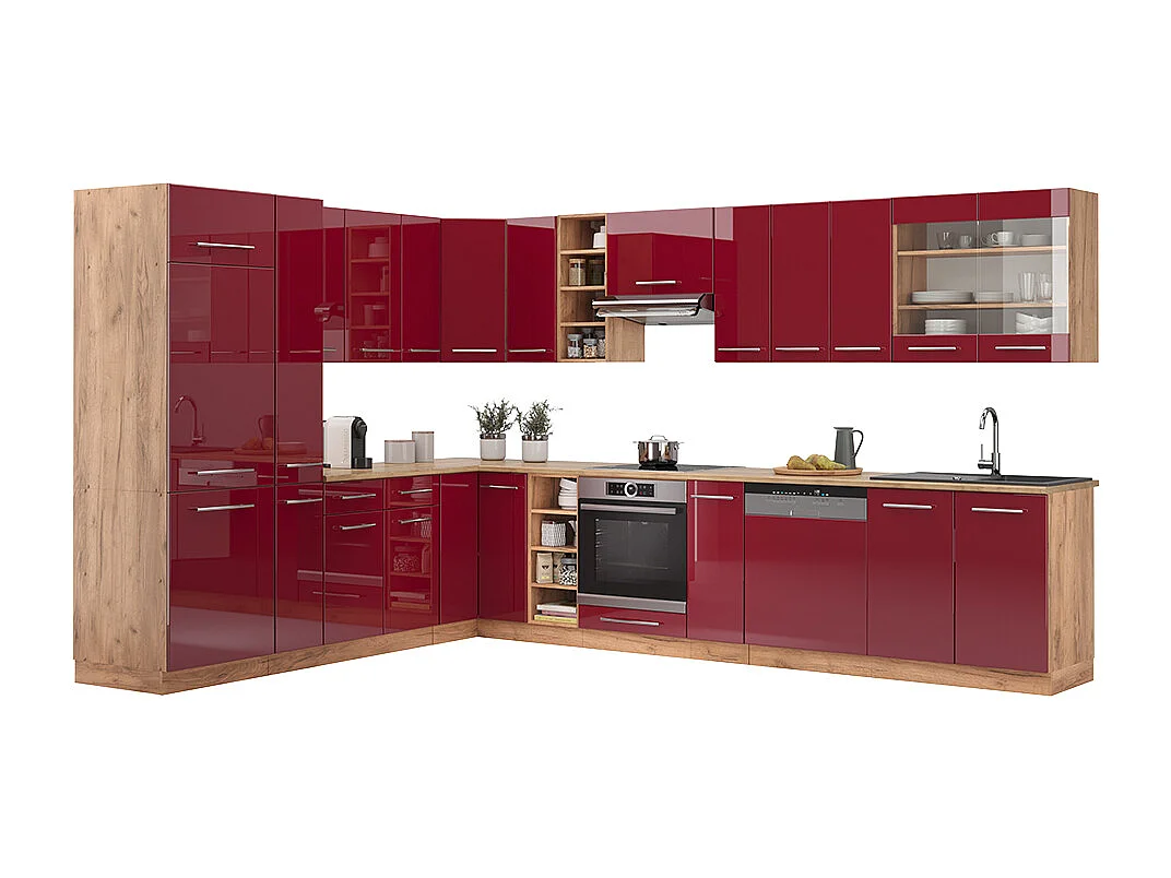 Cocina esquinera burdeos brillo intenso/roble dorado 347x60x81.6 fame-line