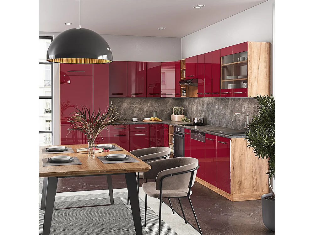 Eckküche bordeaux hochglanz/goldkraft eiche 347x60x81.6 fame-line