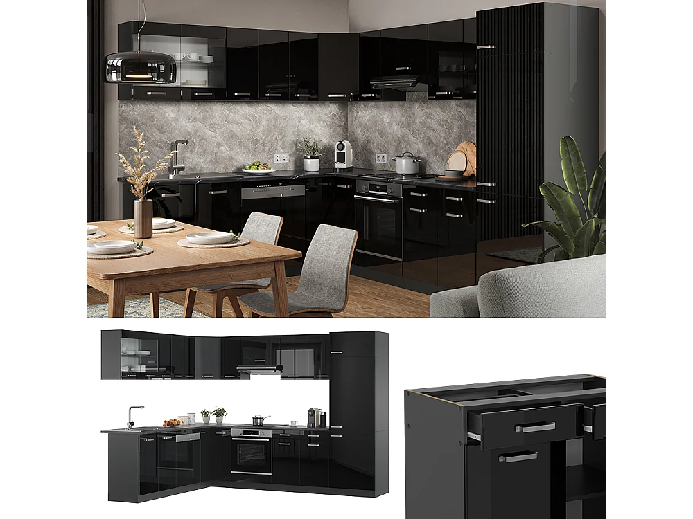 Cuisine en angle noir brillant/anthracite 287x60x81.6 r-line