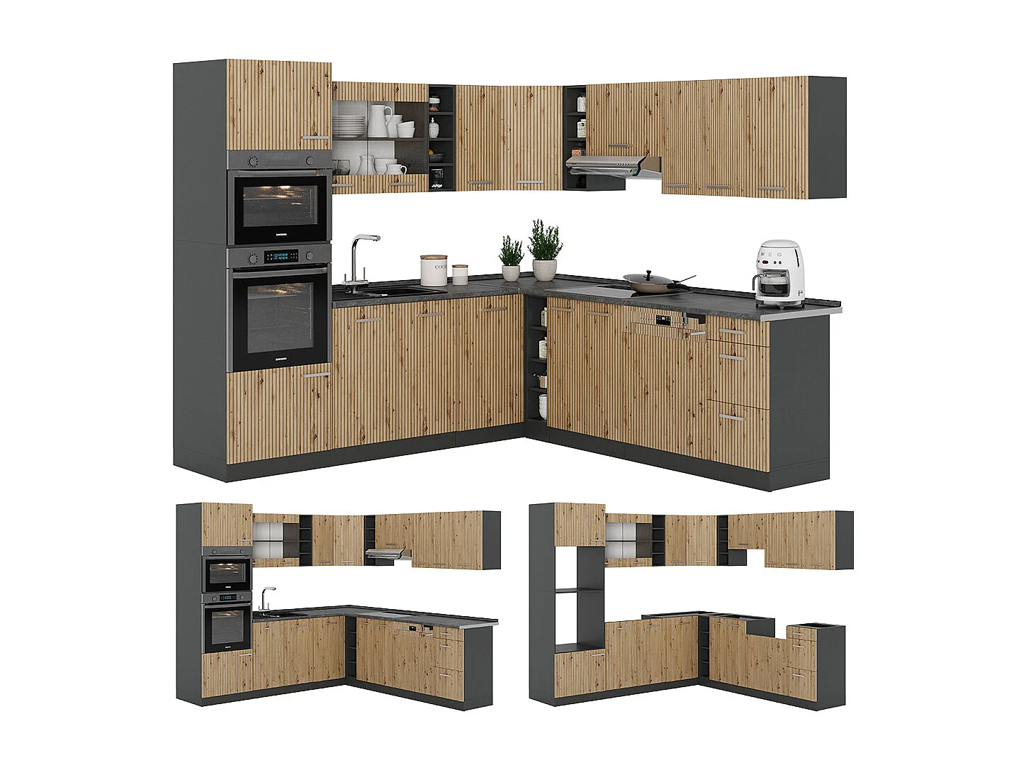 Cocina esquinera roble artesanal/antracita 247x60x81.6 r-line