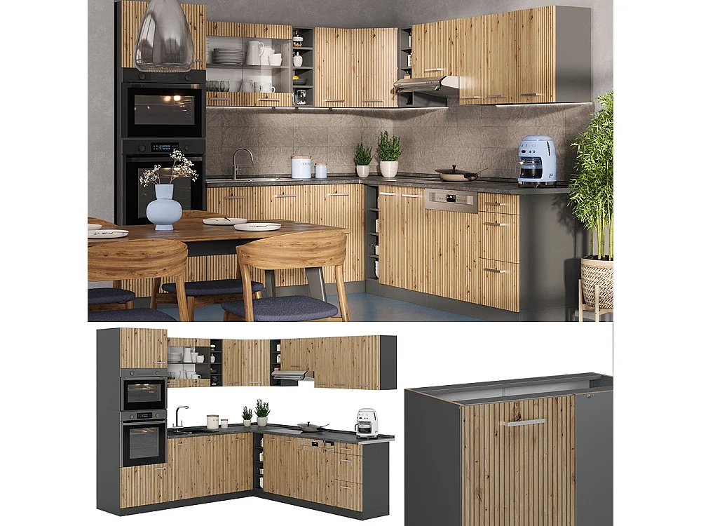 Cuisine en angle chêne artisan/anthracite 247x60x81.6 r-line