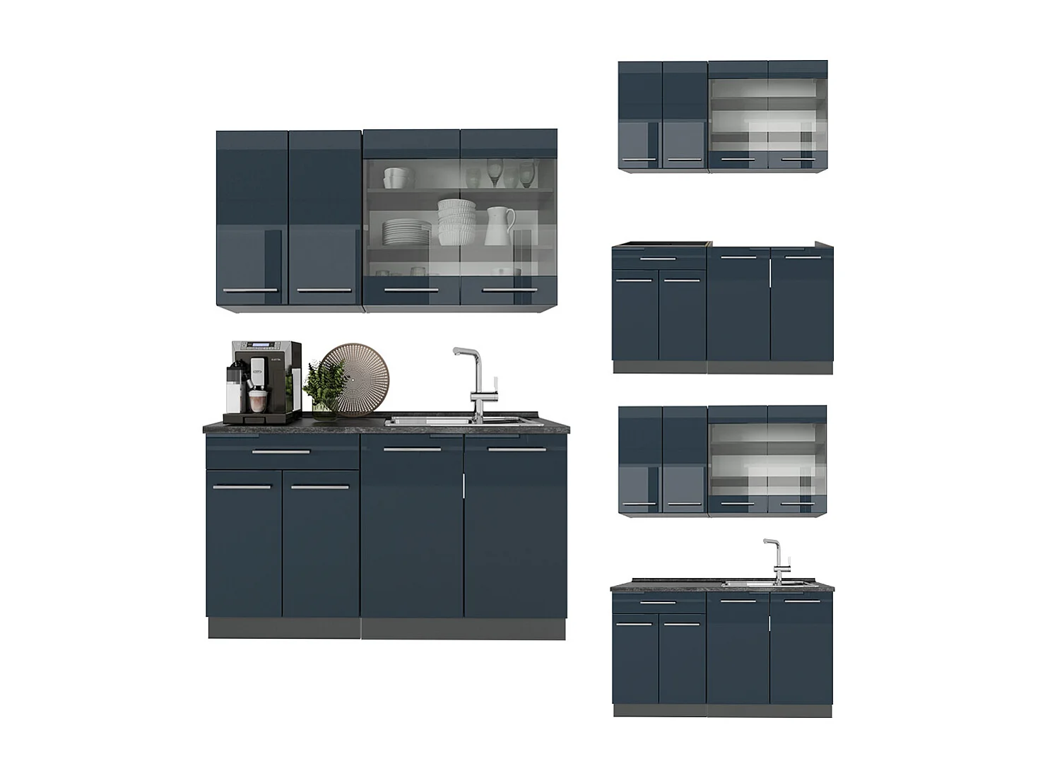 Cuisine pour une personne bleu foncé brillant/anthracite 140x60x81.6 fame-line