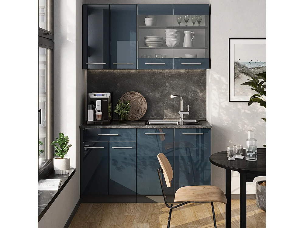 Cuisine pour une personne bleu foncé brillant/anthracite 140x60x81.6 fame-line