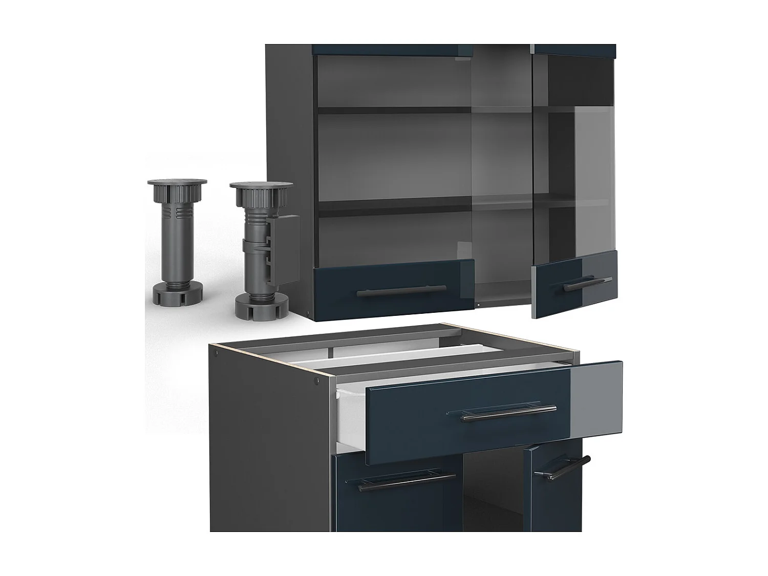 Cuisine pour une personne bleu foncé brillant/anthracite 140x60x81.6 fame-line
