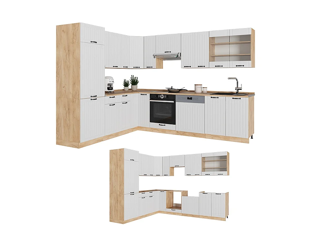 Cuisine en angle blanc campagne/chêne de force doré 287x46x81.6 fame-line