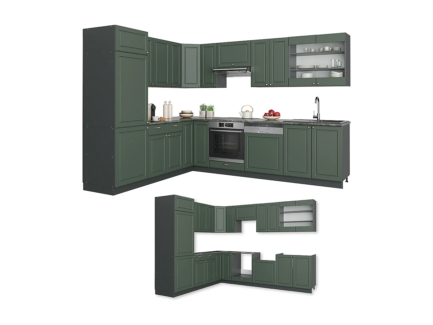 Cocina esquinera verde-dorado casa de campo/antracita 287x46x81.6 fame-line