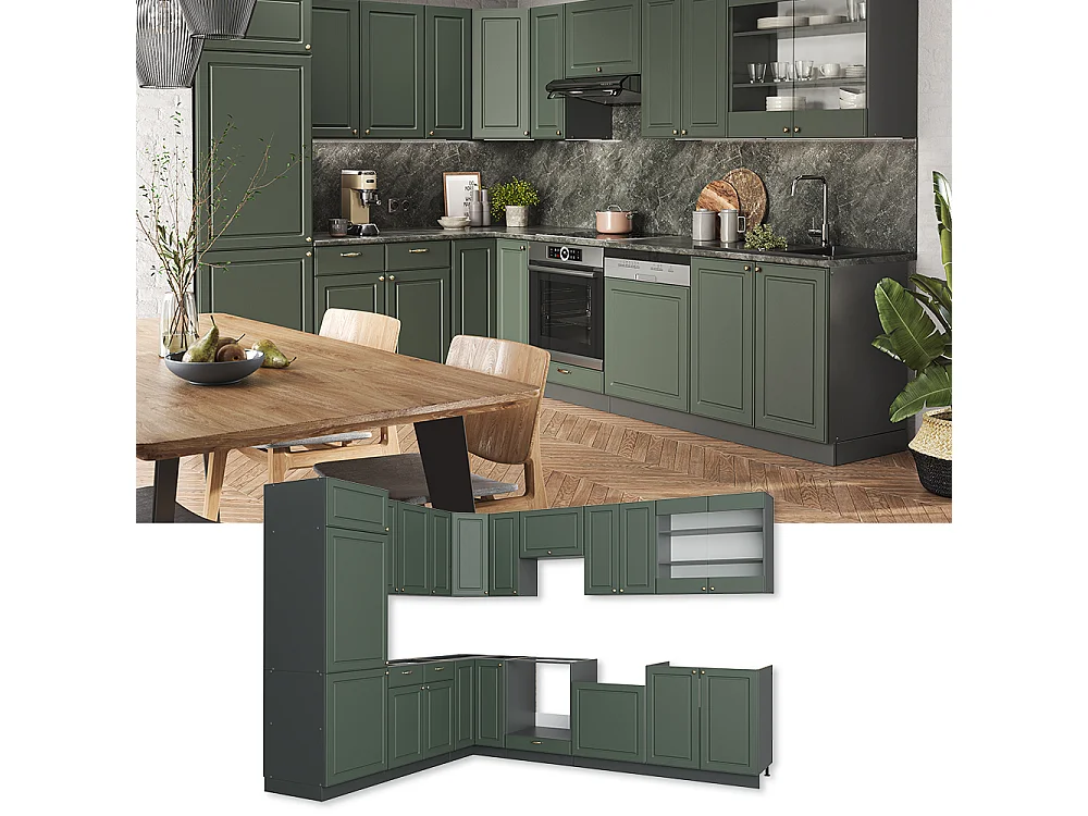 Cuisine en angle vert et or campagne/anthracite 287x46x81.6 fame-line