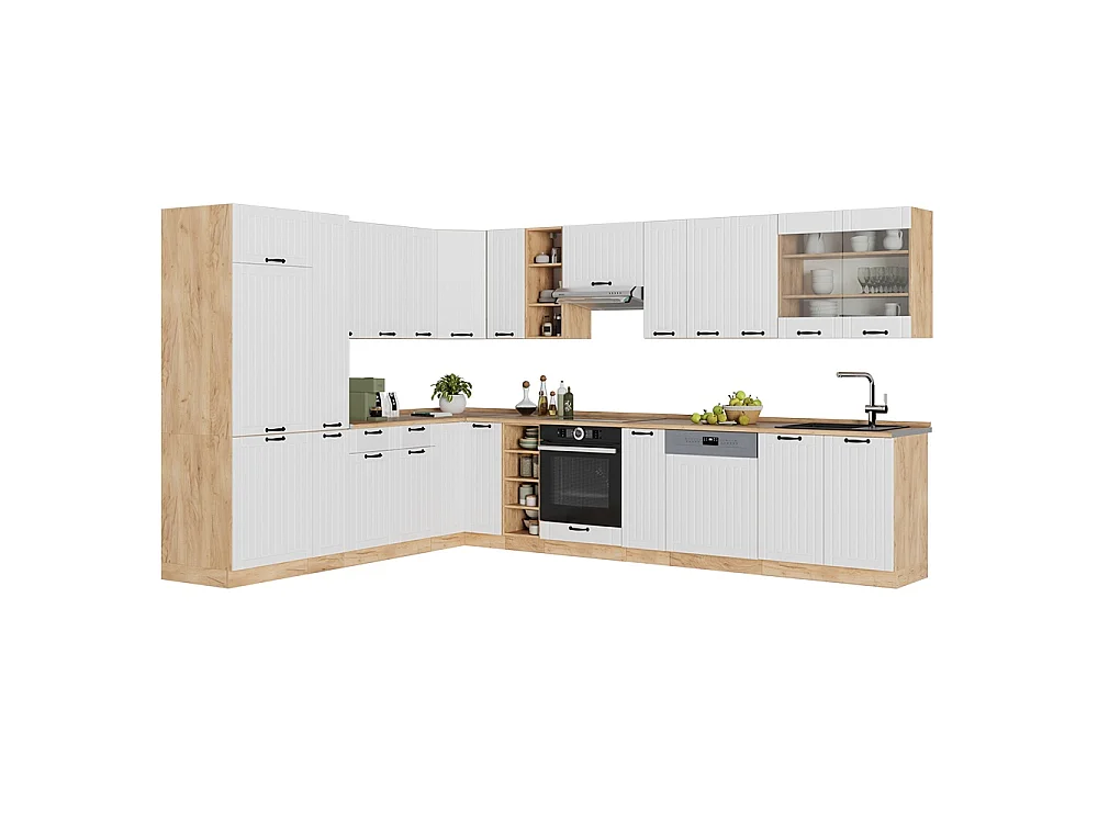 Cuisine en angle blanc campagne/chêne de force doré 347x46x81.6 fame-line