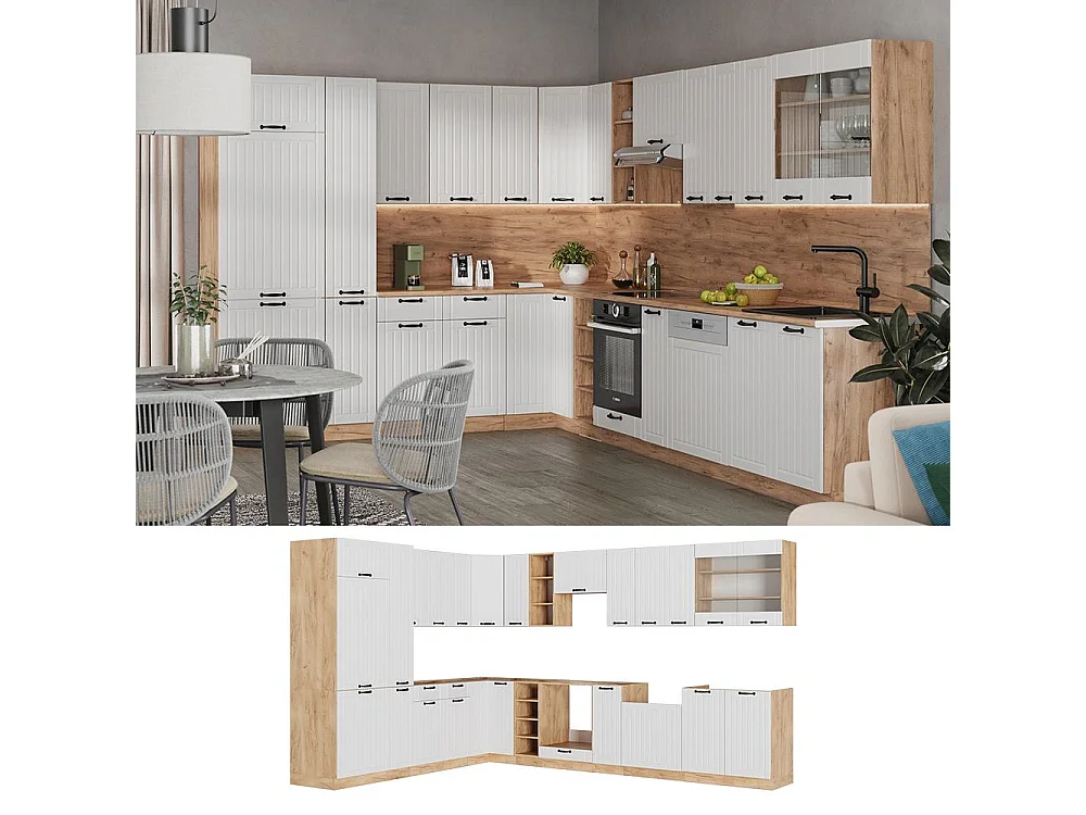 Eckküche weiß landhaus/goldkraft eiche 347x46x81.6 fame-line