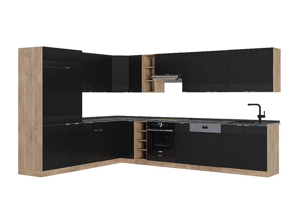 Cuisine en angle noir rayé/chêne doré 347x60x81.6 fame-line