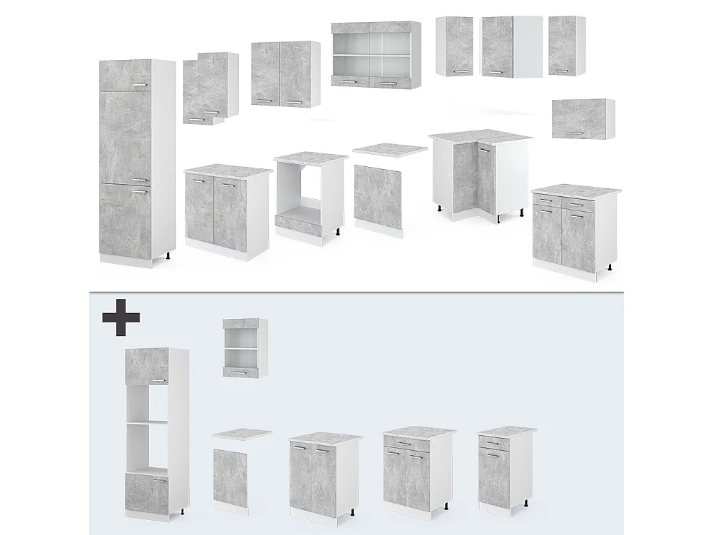 Cuisine en angle béton/blanc 287x60x81.6 r-line