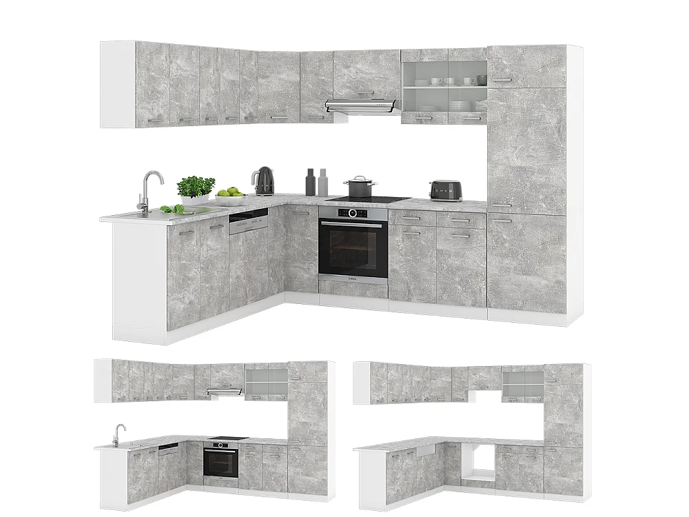 Cuisine en angle béton/blanc 287x60x81.6 r-line