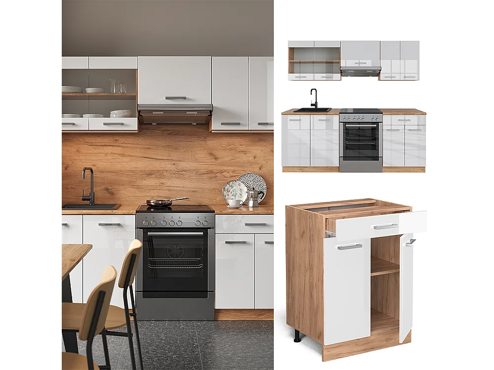 Cuisine blanc brillant/chêne doré 200x46x81.6 r-line