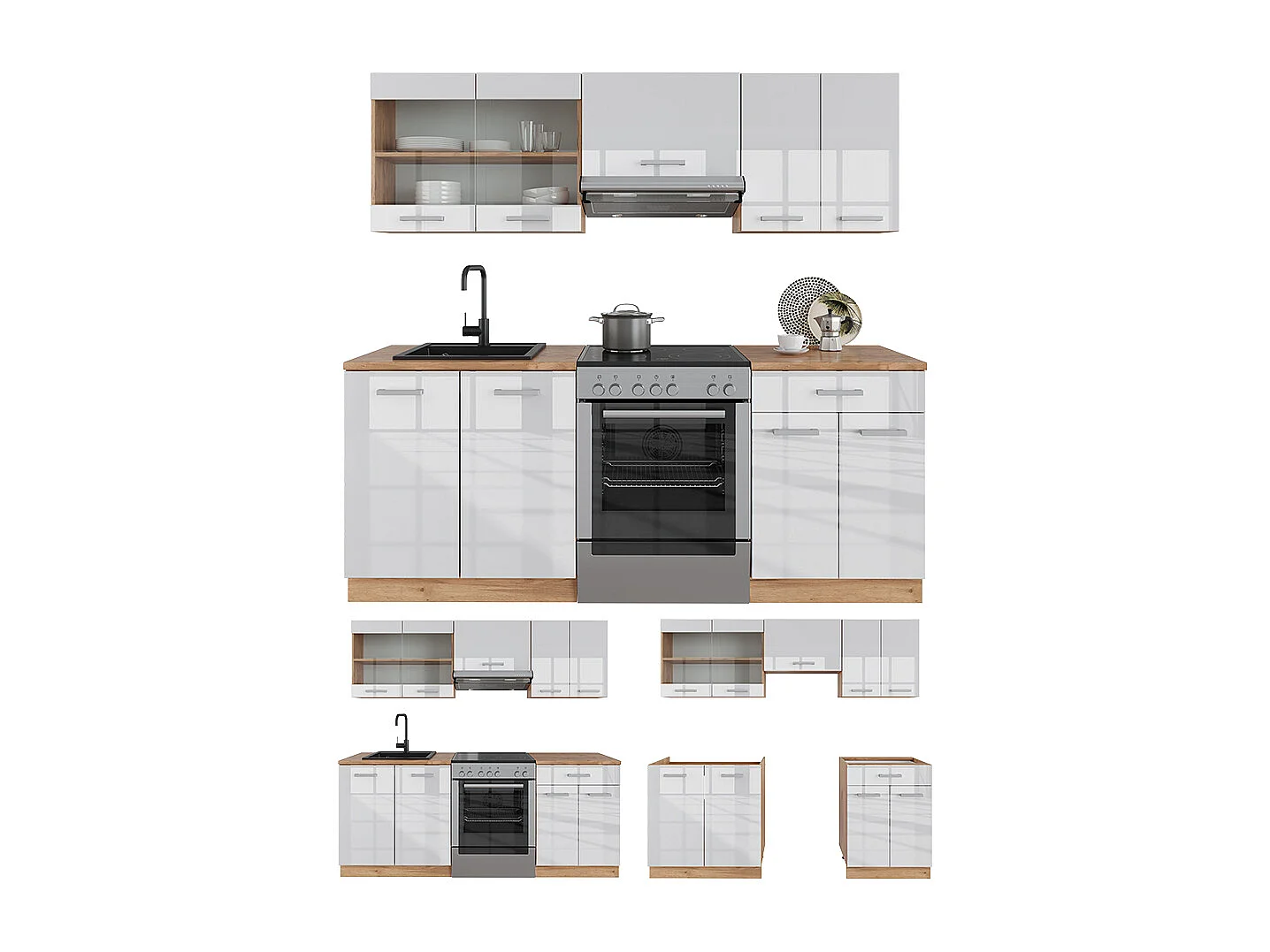 Cuisine blanc brillant/chêne doré 200x46x81.6 r-line