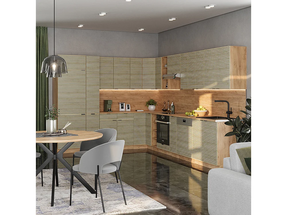 Cuisine en angle chêne lambris/chêne doré 347x46x81.6 fame-line