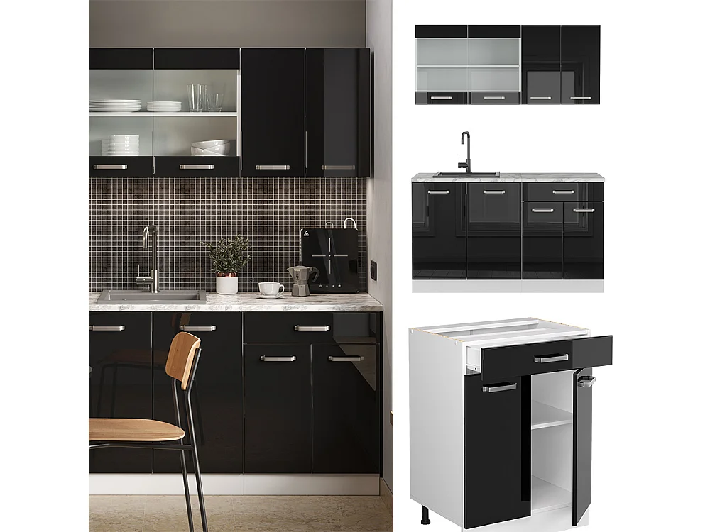 Pojedyncza kuchnia czarny wysoki połysk/biały 140x60x81.6 r-line