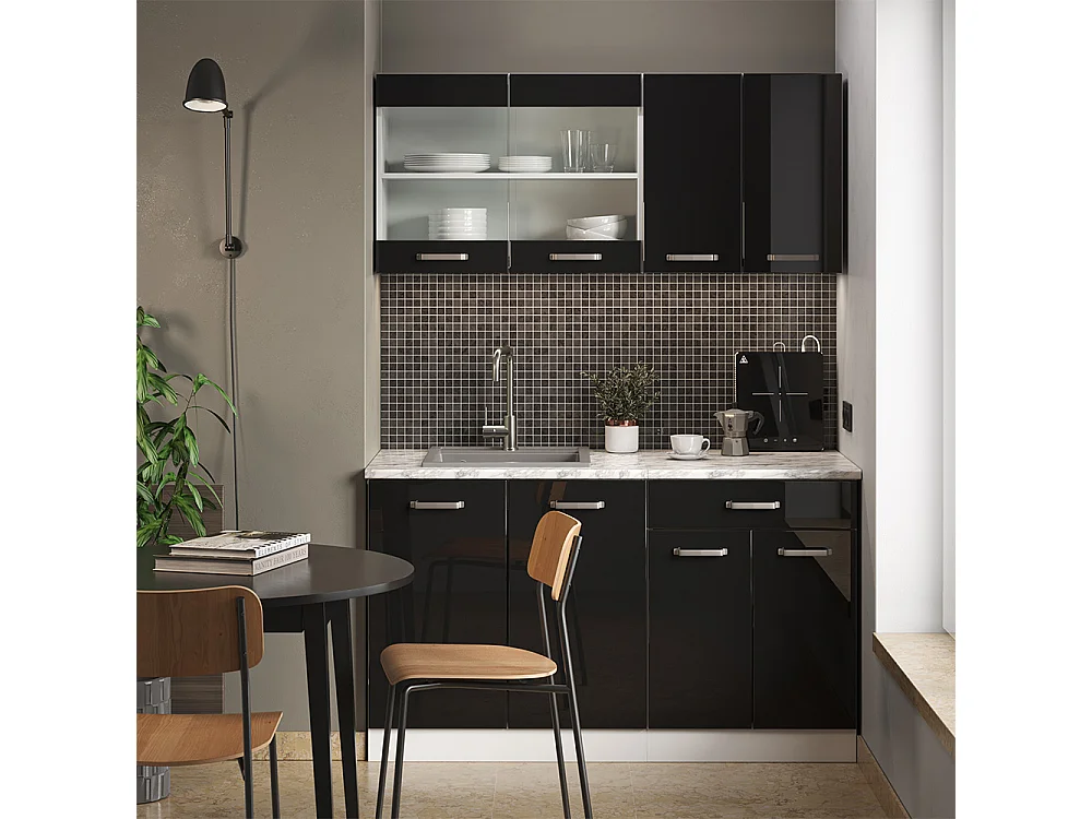 Pojedyncza kuchnia czarny wysoki połysk/biały 140x60x81.6 r-line