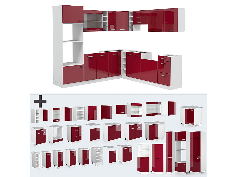 Cocina esquinera rojo brillo intenso/blanco 247x60x81.6 r-line