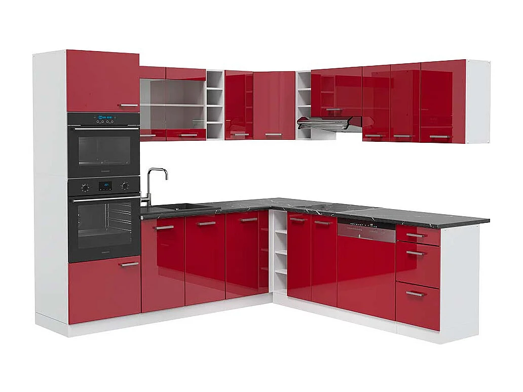 Cucina angolare completa rosso lucido/bianco 247x60x81.6 r-line