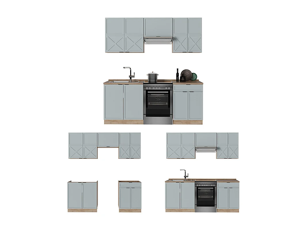 Cuisine bleu clair-gris/chêne force dor 200x46x81.6 fame-line