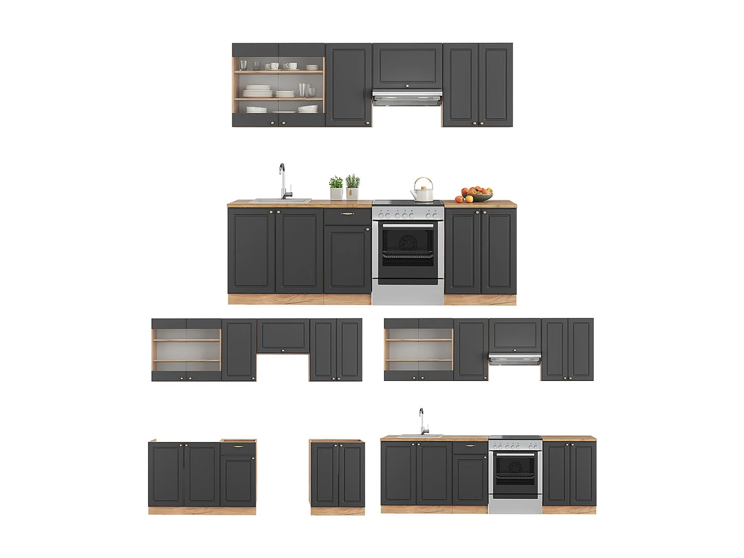 Mueble de cocina antracita casa de campo/roble kraft dorado 240x60x81.6 fame-line