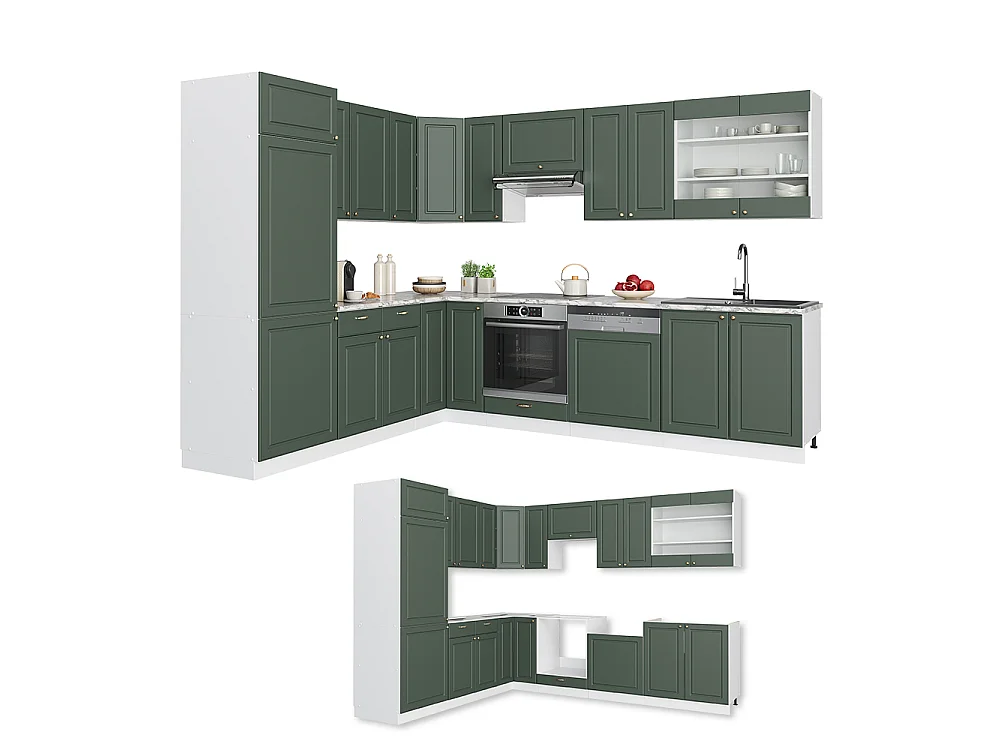 Cuisine en angle vert or campagne/blanc 287x60x81.6 fame-line