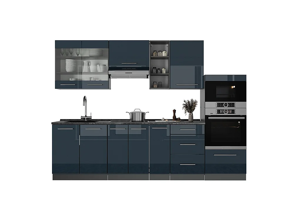 Mueble de cocina azul oscuro alto brillo/antracita 280x60x81.6 fame-line