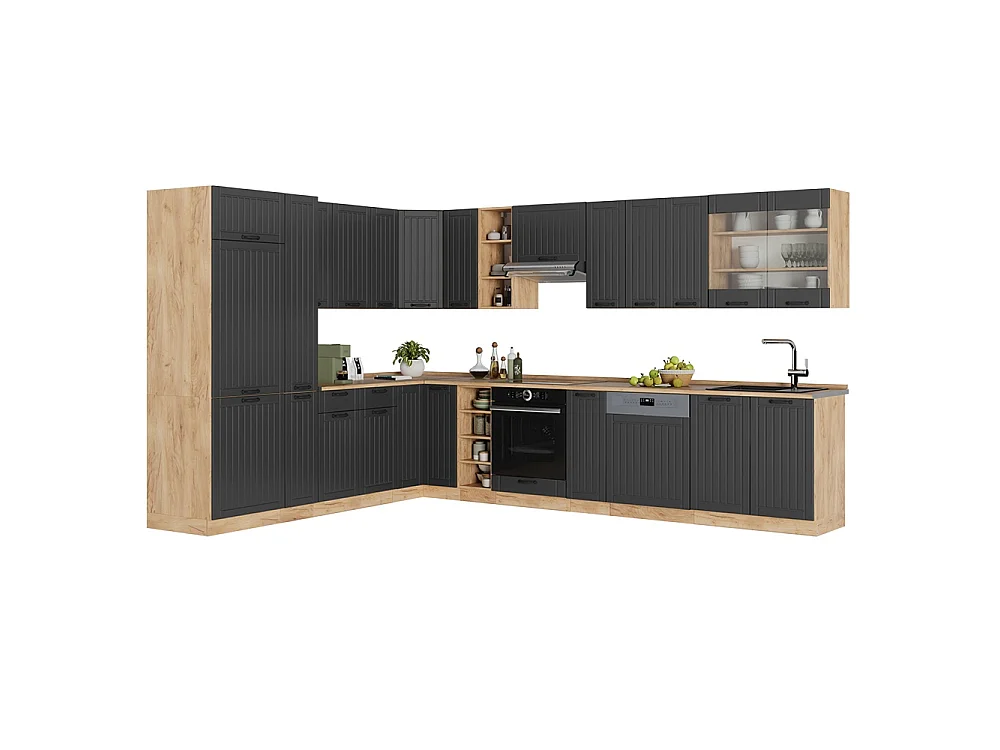 Cuisine en angle gris foncé/chêne de force doré 347x46x81.6 fame-line