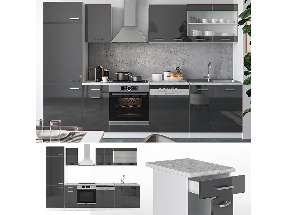 Cuisine anthracite brillant/blanc 300x60x81.6 r-line