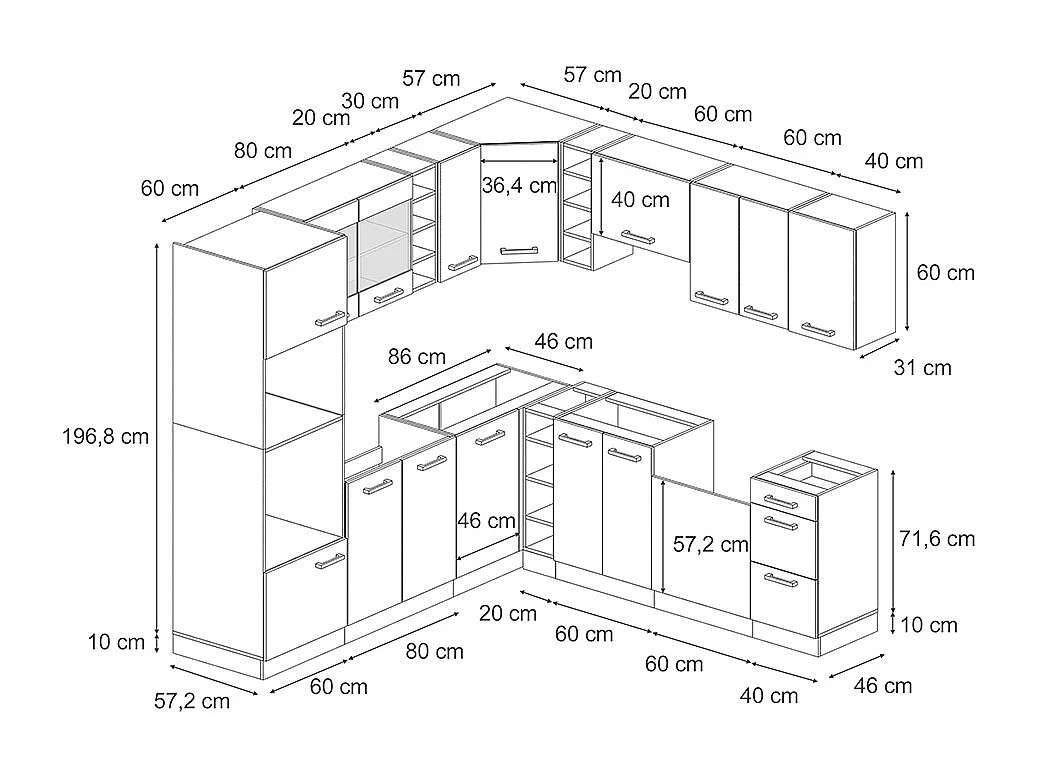 Cocina esquinera roble artesanal/blanco 247x46x81.6 r-line