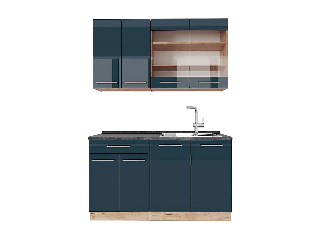 Cocina individual azul oscuro alto brillo/roble dorado 140x60x81.6 fame-line
