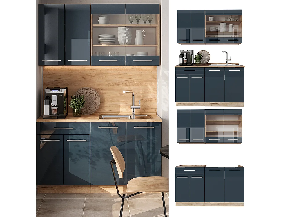 Cocina individual azul oscuro alto brillo/roble dorado 140x60x81.6 fame-line