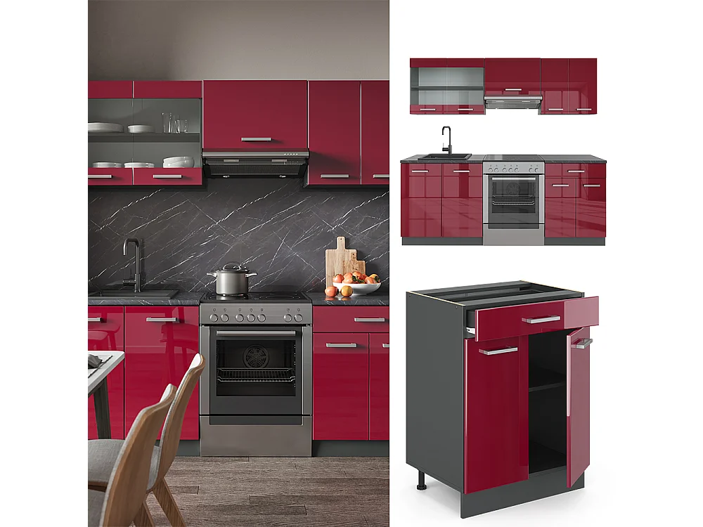 Mueble de cocina rojo brillo intenso/antracita 200x60x81.6 r-line