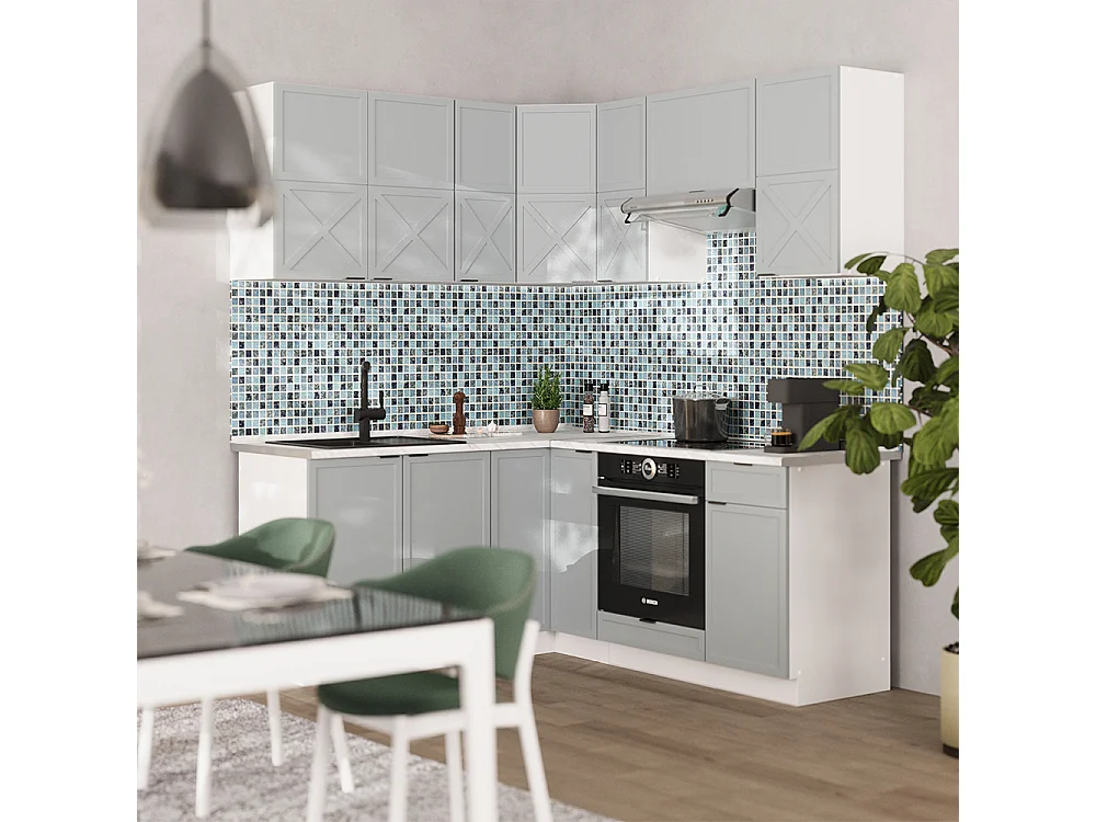 Cuisine en angle bleu clair-gris/blanc 190x60x81.6 fame-line