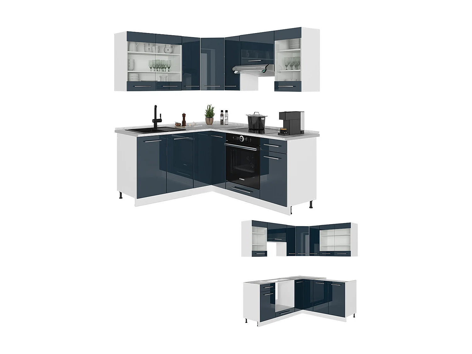 Armoires de cuisine  bleu foncé brillant/blanc 190x60x81.6 fame-line