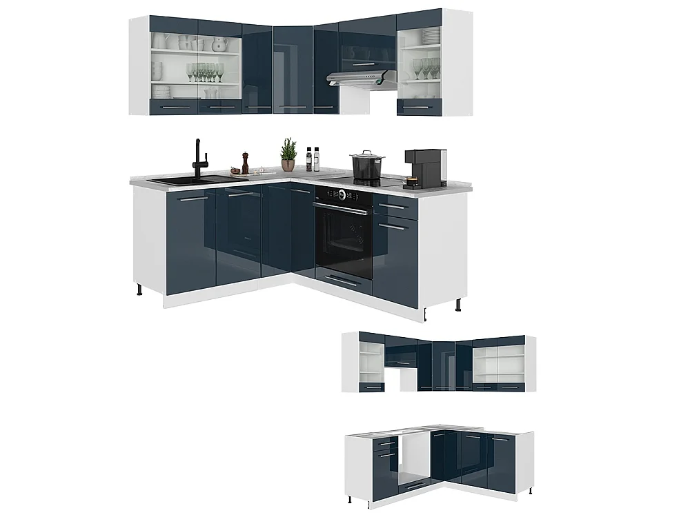 Armoires de cuisine bleu foncé brillant/blanc 190x60x81.6 fame-line