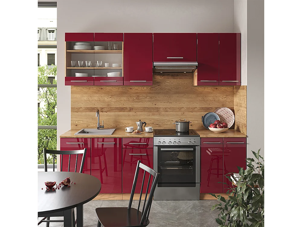 Cuisine bordeaux brillant/chêne doré 240x60x81.6 fame-line