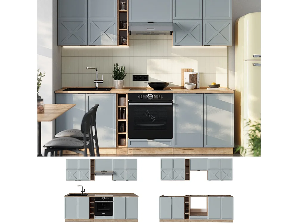 Mueble de cocina roble azul claro/gris dorado 235x46x81.6 fame-line
