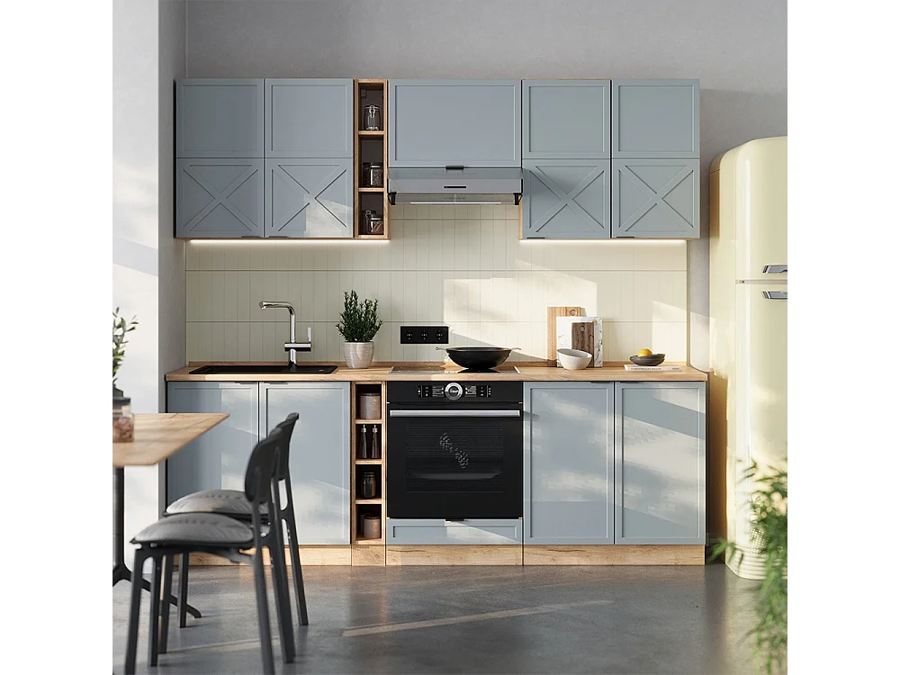 Mueble de cocina roble azul claro/gris dorado 235x46x81.6 fame-line