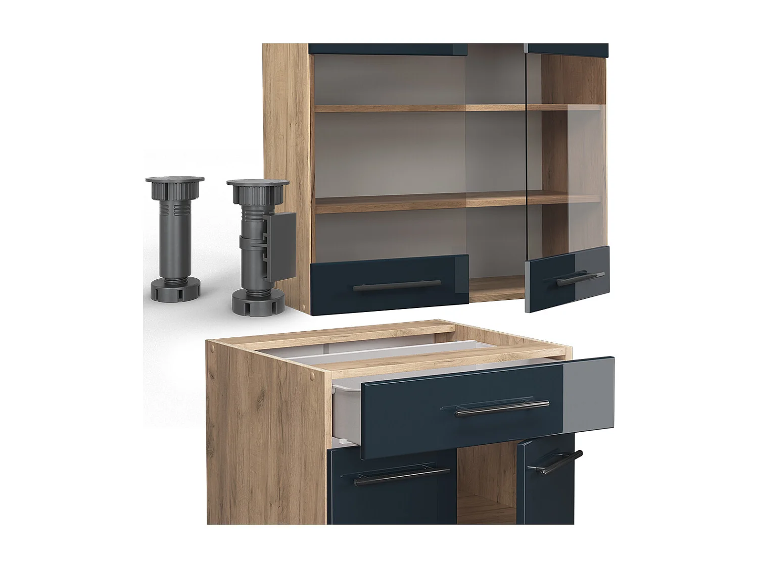 Cocina individual azul oscuro alto brillo/roble dorado 140x60x81.6 fame-line