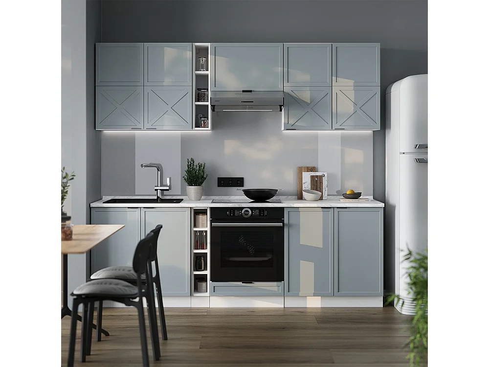 Mueble de cocina azul claro-gris-blanco 235x60x81.6 fame-line