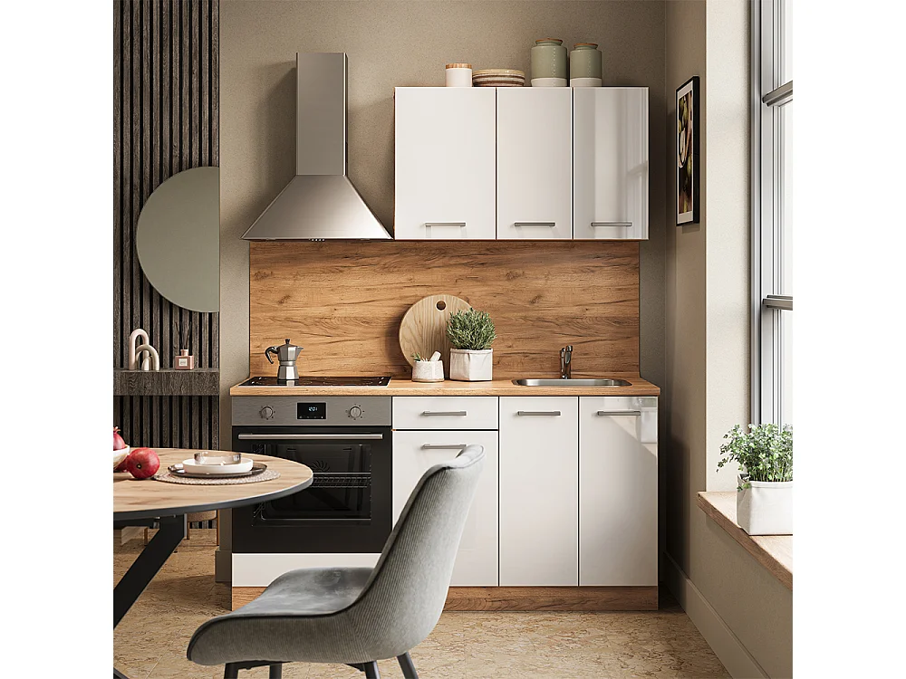 Cocina para solteros blanco brillo intenso/roble dorado 160x46x81.6 r-line