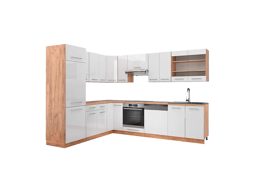Hjørnekøkken hvid højglans/guld power oak 227x60x81.6 fame-line