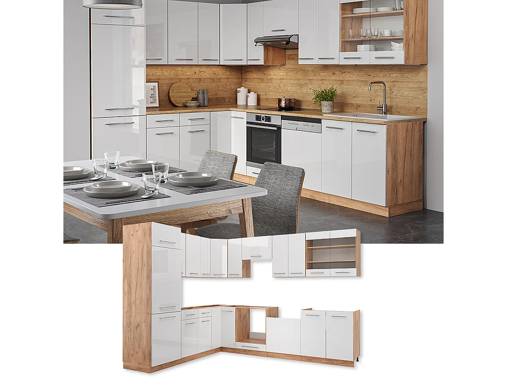 Hjørnekøkken hvid højglans/guld power oak 227x60x81.6 fame-line